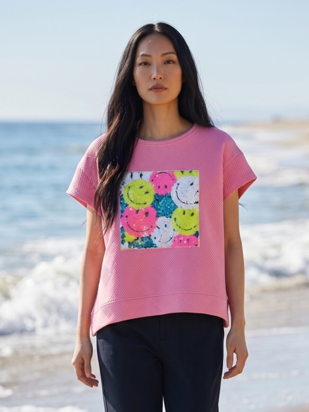 See and Be Seen Pink Sequin Smiley Face Top